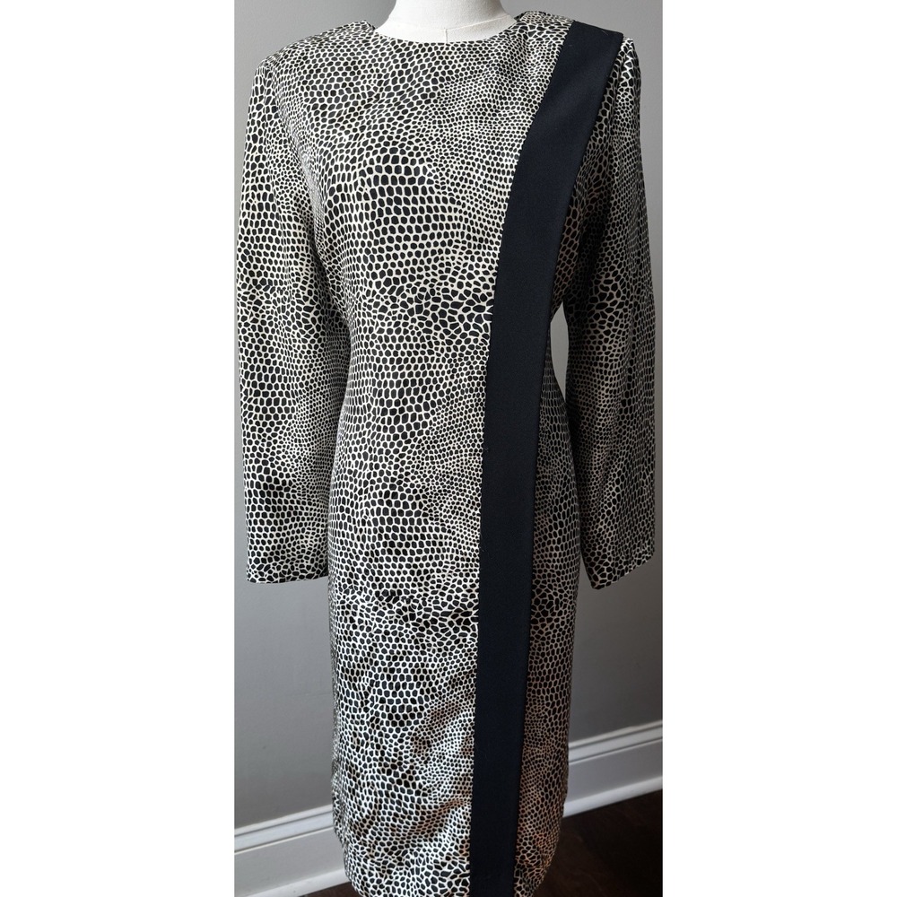 Vintage Helga Black Ivory Abstract Print Shift Dress L Lined Mod Minimalist